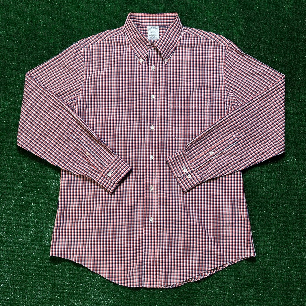 Brooks Brothers Regent Shirt Mens L Non Iron‎ Gingham Orange Blue Supima Cotton